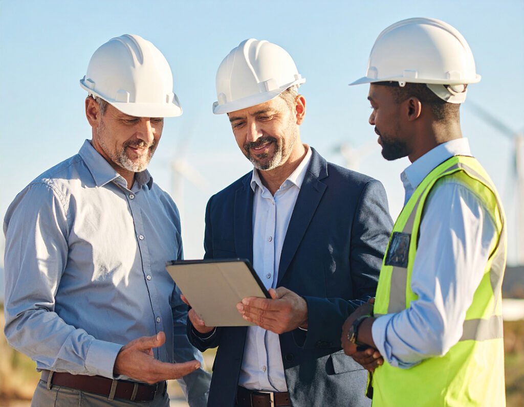 _Firefly_crear una imagen de una construccion con trabajadores y un ingeniero con ipad dando i 686438