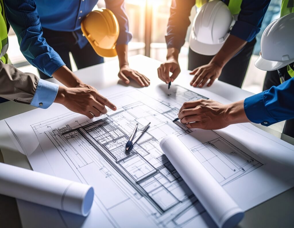 Firefly_crear una imagen que represente permisos de construcción con trabajadores y edificios 970740