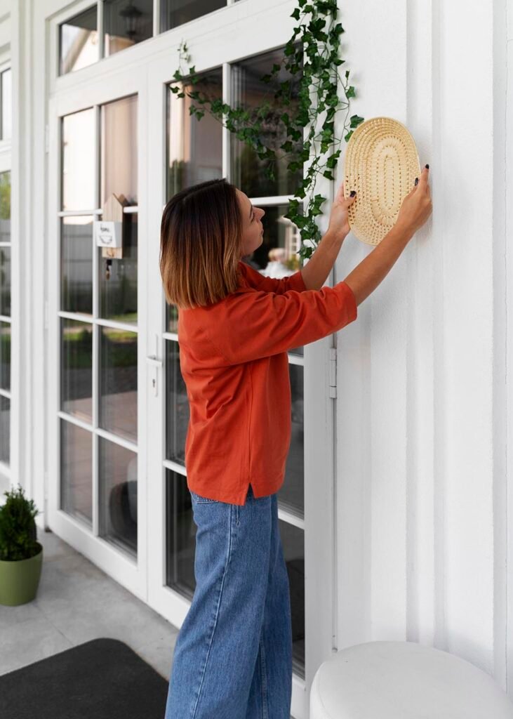 _side-view-woman-decorating-front-door-outside